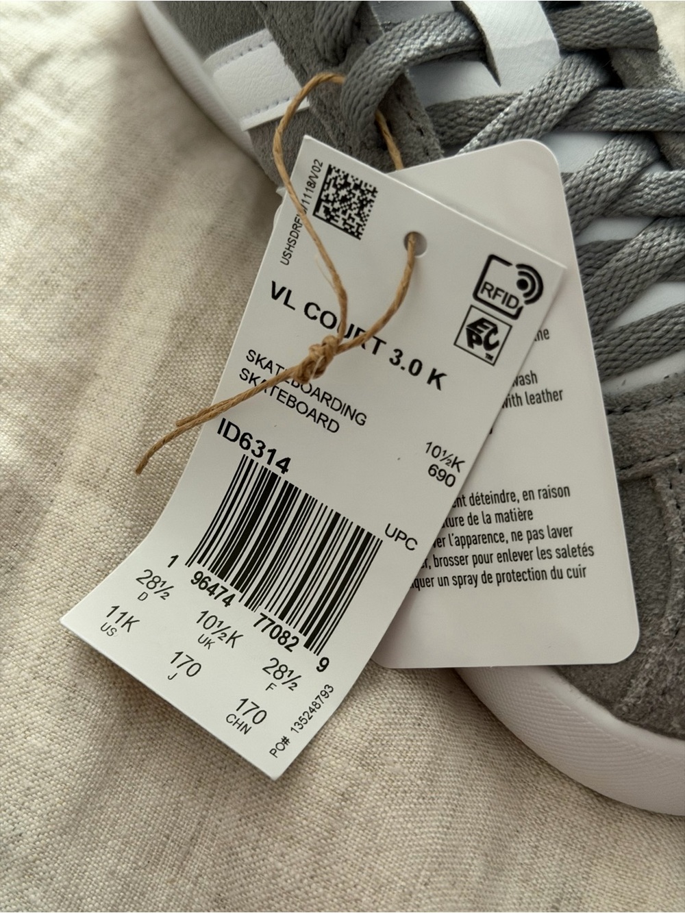 NEW Adidas Kids' VL Court 3.0 Gray & White Sneakers - Picture 6 of 7